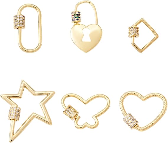 FASHEWELRY 6Pcs Brass Cubic Zirconia Screw Carabiner Lock Charms 6 Styles Oval Heart Star Necklace Lock Clip Charms for DIY Jewelry Making