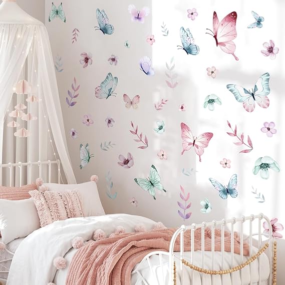 Boho Butterfly Wall Decals,Butterfly Wall Stickers,Flowers Butterflies Wall Decorations,Girls Bedroom Removable Wall Decals,Wedding Offices Bedroom Room Sticker (Boho Colorful Butterfly Wall Decals)