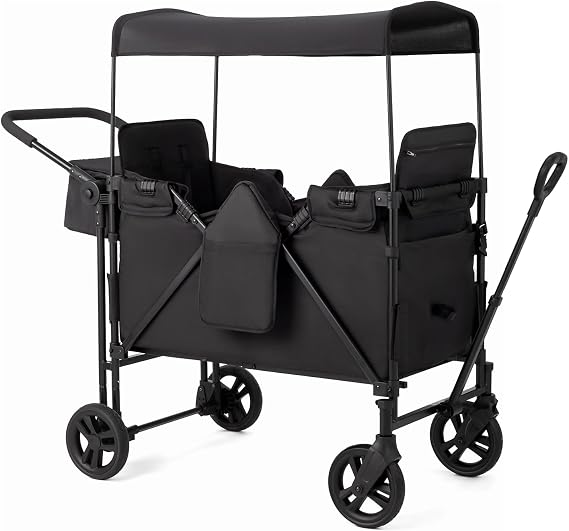 ZTDM Wagon for Kids, Wagon Stroller with 2 Raised High Seat, Removable Canopy, All Terrain Wheels, Foldable, Adjustable Push & Pull Handle, Storage Bag, (Black)