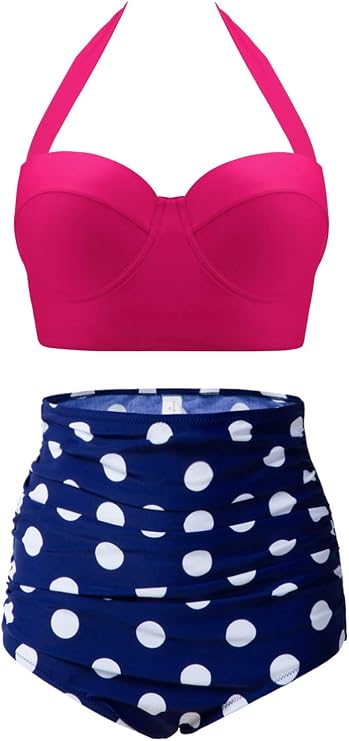 Womens Vintage Retro Polka High Waisted Underwire Bikini Two Piece Swimsuits