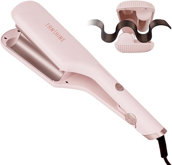 TANSHINE Curling Iron Hair Waver,1.25 Inch Dual Barrel Barrel Ceramic Hair Crimper for Beach Waves,Ionic Deep Waver Curler with Dual Voltage, Anti-Scald Protection Curling Wand, Adjustable Temp,Pink