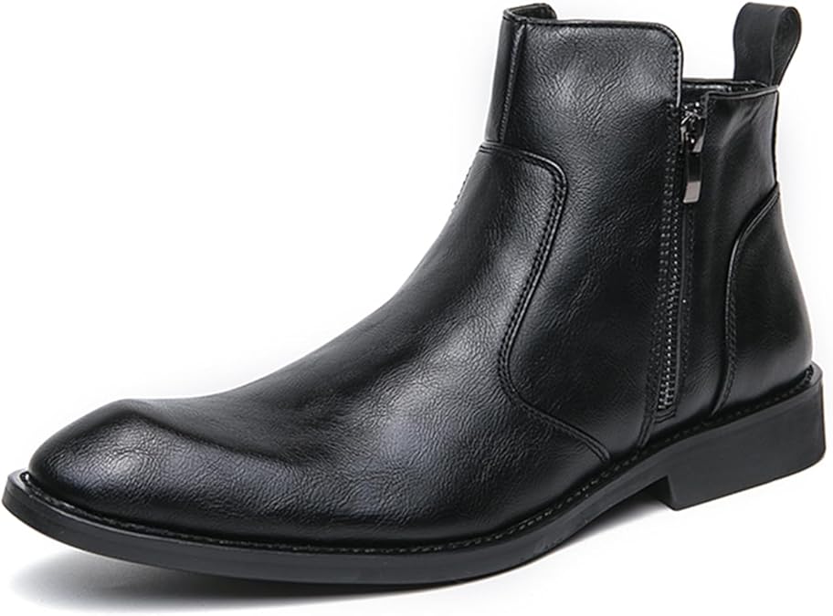 Mens Leather Dress Chelsea Ankle Boots With Double Side Zip Classic Retro Comfortable Pointed Toe Low Block Heel Slip On Business Chukka Boots For Casual Work Office Formal