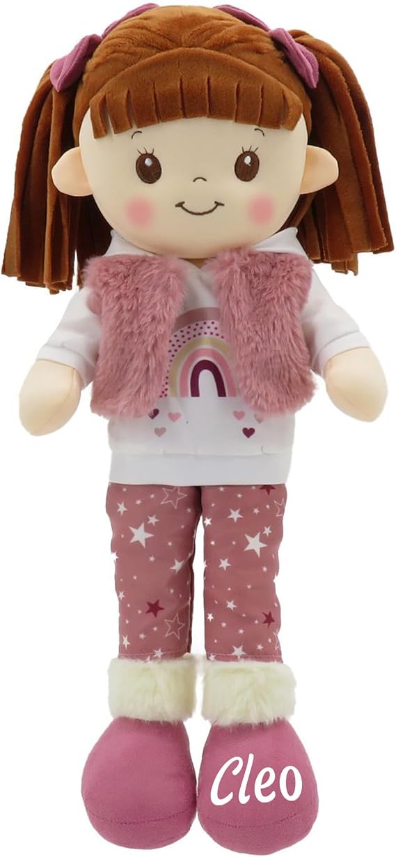 Printualist Personalized Snuggle Dolls with Your Name - 16" Pink Fur Jacket Custom Baby Rag Doll Soft Customized Plush Doll for Girls - Munecas de Trapo Personalizadas para Ninas
