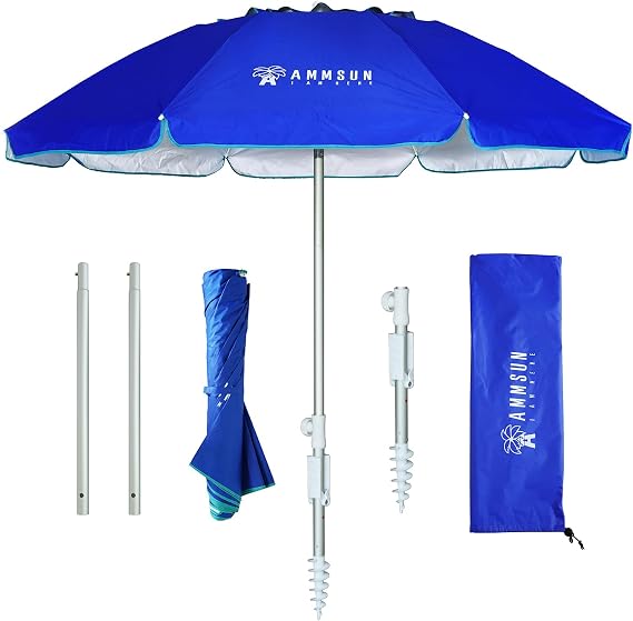 AMMSUN 6.5ft twice folded Portable beach umbrella with sand anchor windproof, Push Button Tilt and Air vent UPF 50+ Protection Fits in a large Suitcase for Patio Garden Beach Pool Backyard Blue