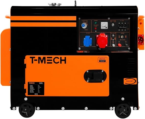 Silent Diesel Generator Three Phase ATS 6.5kVA 6500W 13HP 230V 400V Electric Start Closed Frame Emergency Power 4 Portable Wheels Black Powder Coated Steel 20L Fuel Capacity Tool Kit & Funnel