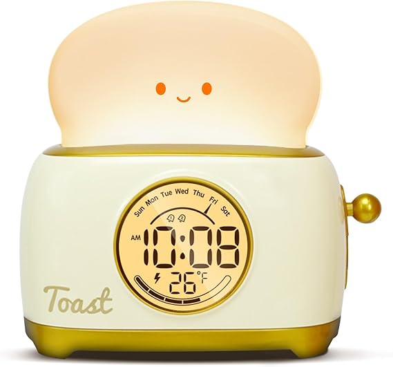 WANIDEA Toast Night Lamp Lights, Cute Toaster Digital Alarm Clock, Dimming LED Breader Lamp 1200mAh Rechargeable Night Light for Bedroom, Bedside, Desktop