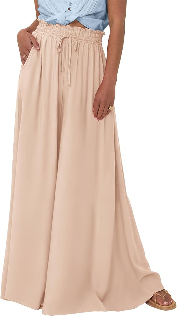 BTFBM Wide Leg Flowy Palazzo Pants for Women | Elastic Waist Trousers With Pockets, Floral Resort Wear, Boho Cruise Outfits, Casual Beach Vacation Clothes, Summer Fall 2026