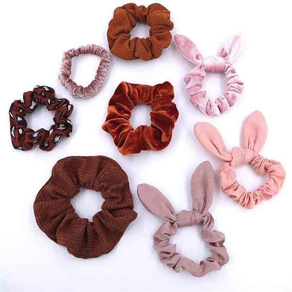 Hair Bun Scrunchies for Girls Women,Bunny Bow Hair Bands Velvet Scrunchies Autumn 8 PCS