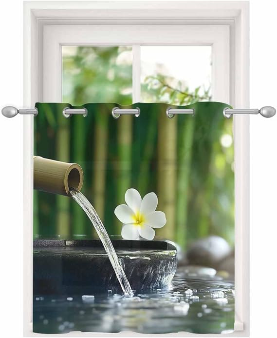 Zen Stones Water Flowing Sheer Curtains for Bedroom/Living Room, Grommet Kitchen Curtains 54 Inches Long, Floral Green Forest Semi-Sheer Curtain Drapes Voile Window Treatments