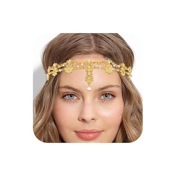 Golden Rhinestone Head Chain for Women Boho Pearl Headpiece Wedding Elastic Jewelry Headband