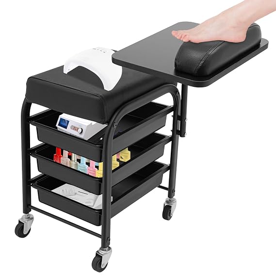 Mobile Beauty Salon Nail Cart With 3-Tier Drawers 4 Universal Wheels Pedicure (black)
