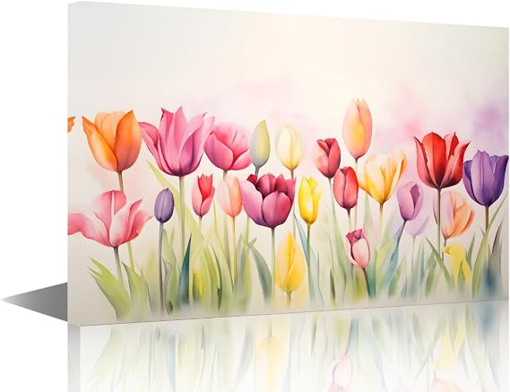 TISHIRON 1 Piece Wall Art Decor Painting on Canvas Tulip Pictures for Home Walls Bloom Plant Office Wall Art Framed Floral Modern Artwork for Living Room Bedroom, 24x16in