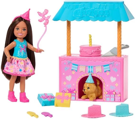 Barbie Club Chelsea Doll & Birthday Party Playset | Brunette Small Doll, Including Transforming Doghouse & 10+ Accessories, Ages 3+