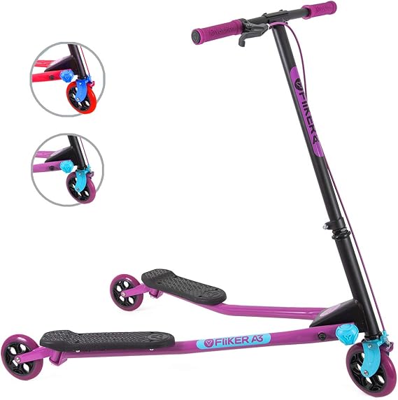 Yvolution Y Fliker A3/Pro Drift Scooter 3-Wheel Wiggle Scooter for Kids Ages 7+ Self-Propelling, Foldable Design with Hand Brake Max Weight 175/220 lbs