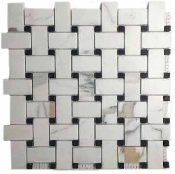 CGBLKBH12 Calacatta Gold Collection White Italian Marble Basketweave Mosaic with Black Marble Dots, 12 inch x 12 inch Mesh Mosaic, Honed