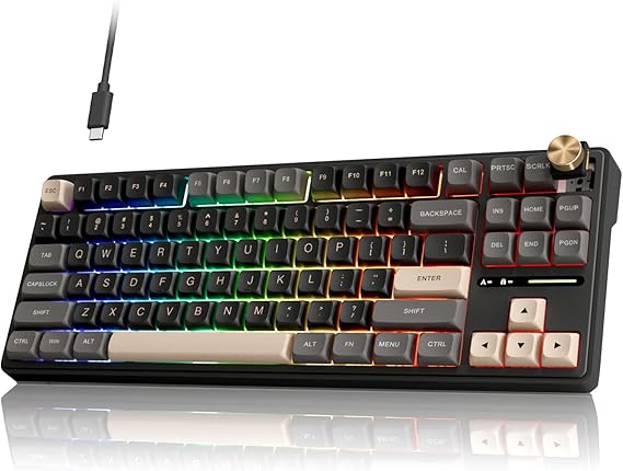 RK ROYAL KLUDGE R87 Pro Wired Mechanical Keyboard TKL with Knob, QMK/VIA | 75% Gaming Keyboard with Detachable Knob,Gasket Hot-Swappable RGB Backlit, 87 Keys MDA Profile, Linear Creamy Switches, Black