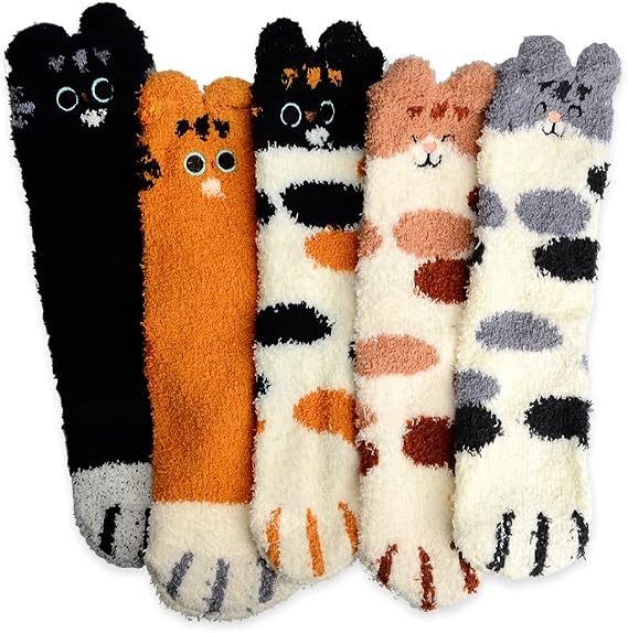 Cat Paw Socks, 5 Pairs Cat Claw Socks for Girls Women Cozy Fuzzy Cat Feet Socks with Heart