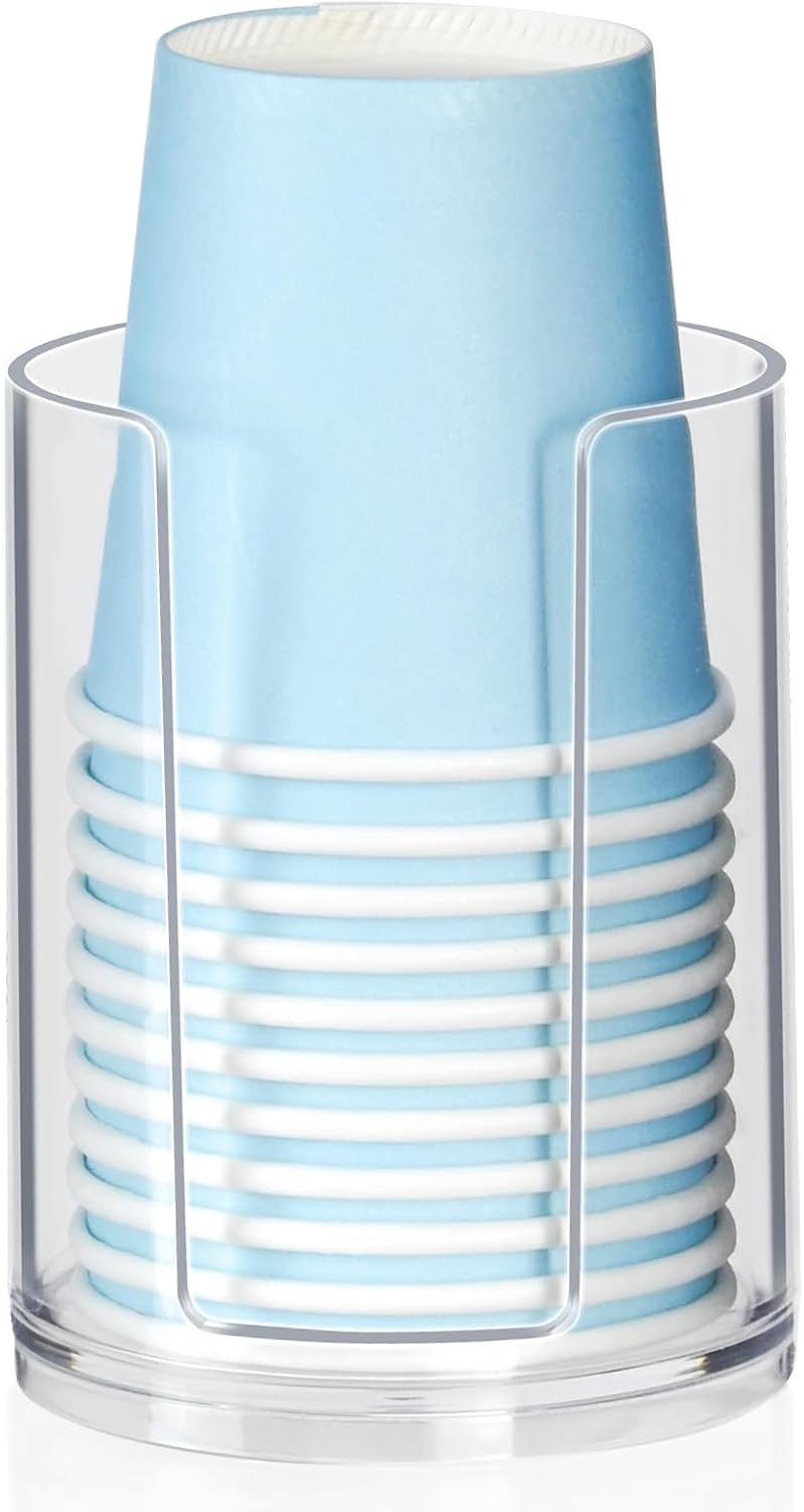 LBTING Bathroom Cup Dispenser, Small Cups Holder for 3oz-4oz Disposable Mouthwash Rinsing Paper Cups Storage, Compact Clear Plastic Cup Organizer for Bathroom Vanity Countertop