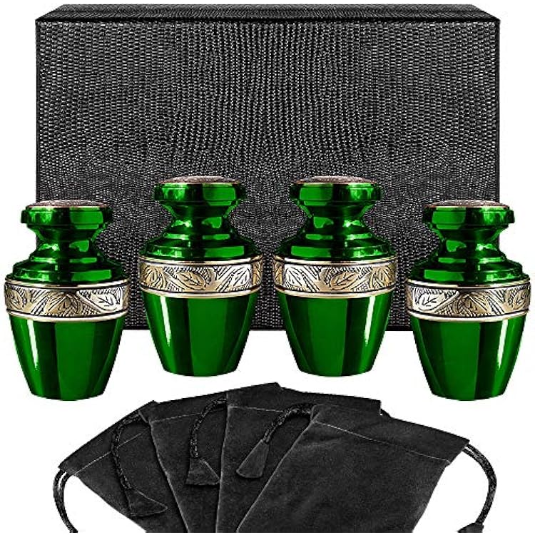 Trupoint Memorials Small Urns for Human Ashes Keepsake, Decorative Mini Cremation Urn for Adult Men & Women, Set of 4, Grecian Green and Gold