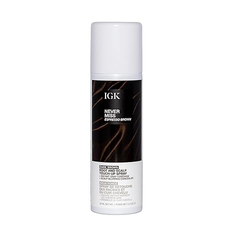 IGK Never Miss Root and Scalp Touch-Up Spray for Gray Coverage Dark Brown Hair Color, Sweat-Resistant, Waterproof, Natural-Looking Root Concealer, 2.0 oz