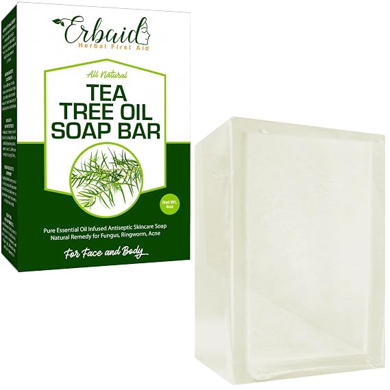 Erbaid Tea Tree Oil Soap Bar for Face & Body, 4oz All Natural Remedy Skin Cleanser Pure Essential Oil Infused Skincare Cleansing Soap for Dirt & Acne - Tea Tree Face & Body Wash Made in USA