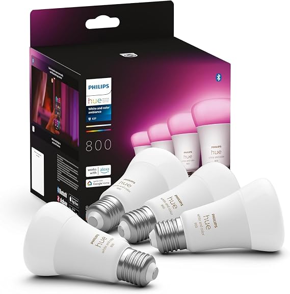 Philips Hue New White and Colour Ambiance Smart Light Bulb 4 Pack 60W - 800 Lumen [E27 Edison Screw] with Bluetooth. Works with Alexa, Google Assistant and Apple Homekit