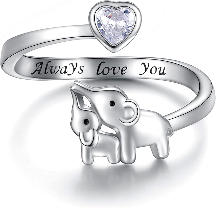 Mom Daughter Elephant Ring 925 Sterling Silver Adjustable Love Heart Finger Rings Pendant for Women Wife Mom Nana Daughter Jewelry Gift