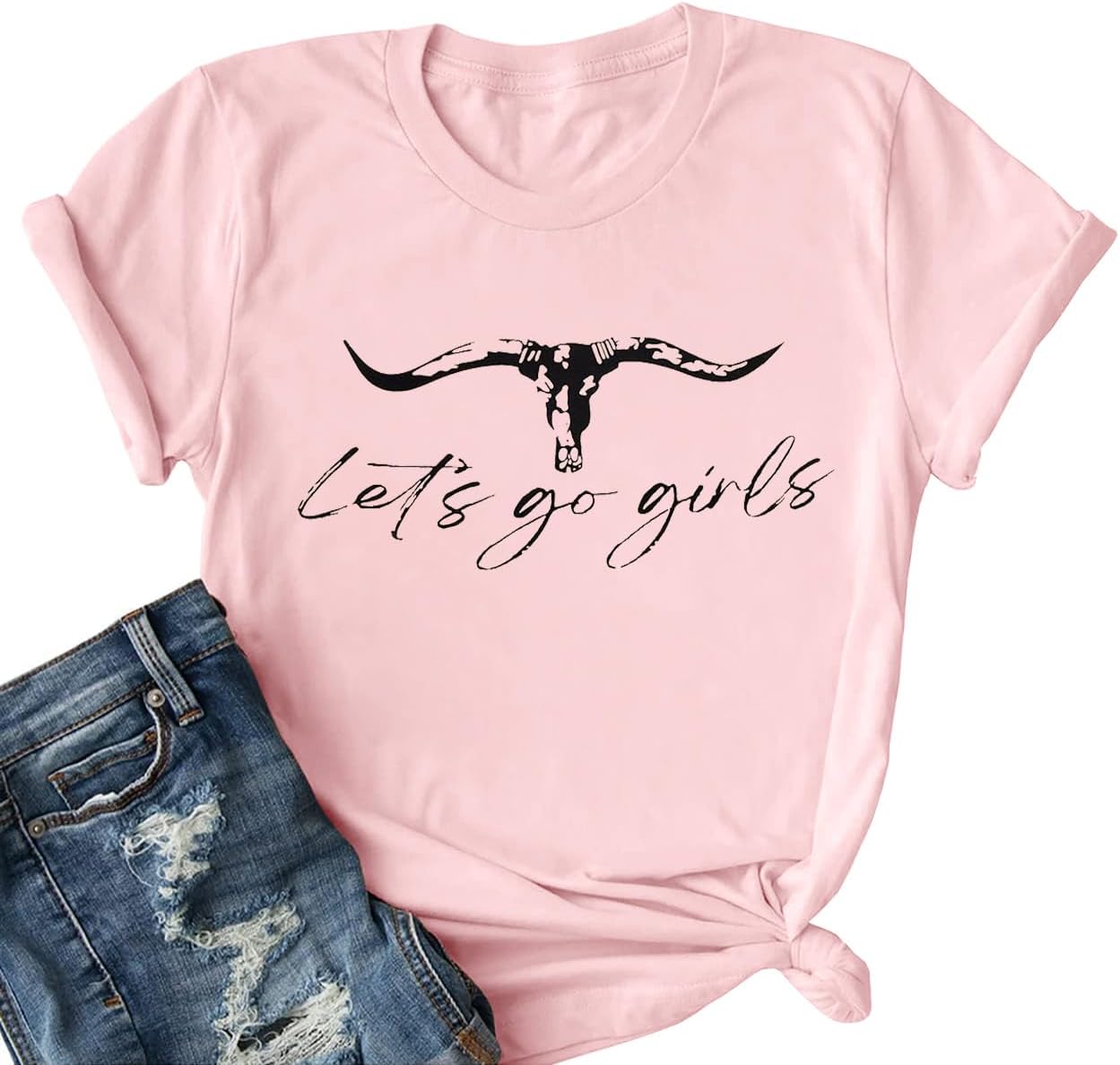 Lets Go Girl Shirt Women Western Bleached T-Shirt Retro Country Music Tee Shirt Cowgirls Shirts Short Sleeve Tops