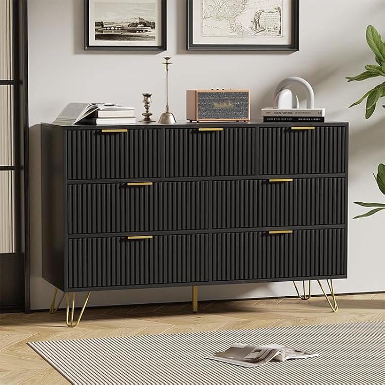 Black Dresser for Bedroom, 7 Drawer Dresser with Gold Pulls and Metal Legs, Black and Gold Modern Dressers & Chest of Drawers