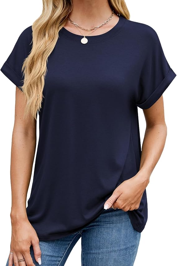 Abardsion Womens Casual Solid Loose Fit T Shirts | Summer Clothes 2026 Short Sleeve Crewneck Going Out Tops