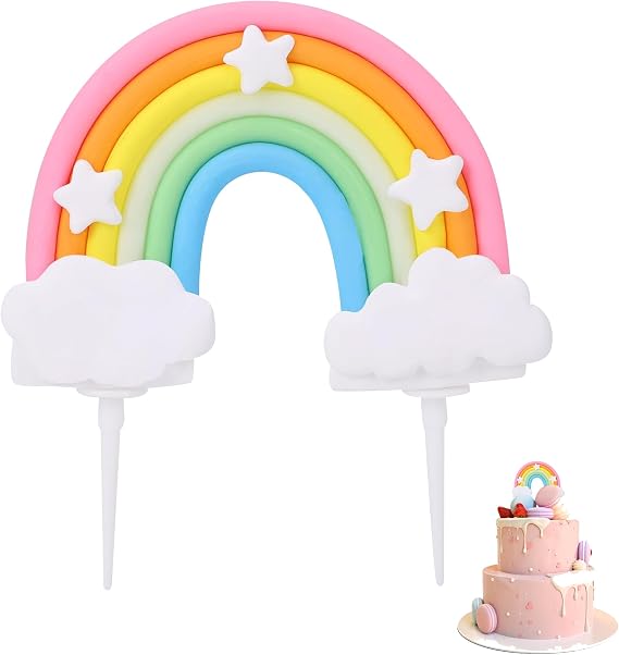 Soft Pottery Rainbow Cake Topper - Colorful Cupcake Decorations with Pastel Top Hat