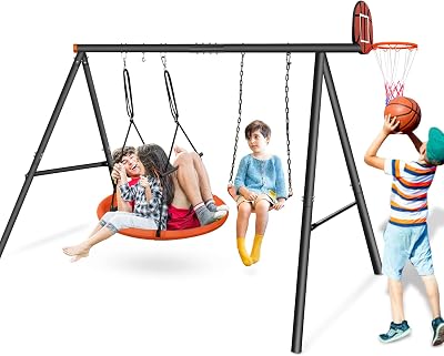 550lbs Swing Set for Kids Adults 3 in 1 Swing Frame Sets 40 Tree Swing and Belt Swing with Basketball Hoop, Heavy Duty A-Frame Metal Swing Sets Stand Indoor Outdoor Play Equipment for Children