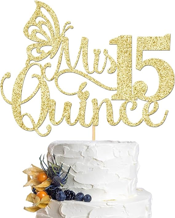 Mis Quince Cake Topper, 15th Birthday Decorations, Gold Glitter, 1 Piece