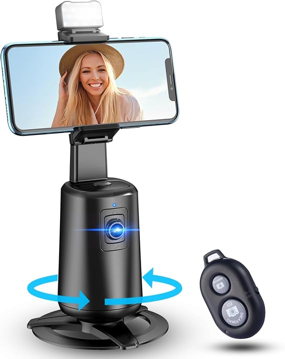 Auto Face Tracking Tripod 360 Rotating Cell Phone Photo and Video Kits Stand, No App, Camera Stand with Remote and Gesture Control, Rechargeable Smart Shooting Stand for Live Recording Tiktok(Black)