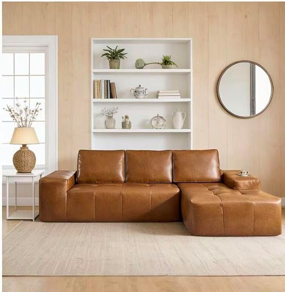 114" Brown Leather Couch Sofas for Living Room, L Shaped Cloud Sectional Couch with Comfy Chaise, Mid Century Modern Boneless Couches for Living Room Apartment (Right-Brown)