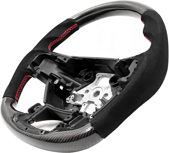 IKON MOTORSPORTS, Steering Wheel Compatible With 2015-2020 Ford F-150, 2017-2022 F250 F350 F450 F550 Super Duty, Real Carbon Fiber + Synthetic Suede With Red Stitching Steering Wheel
