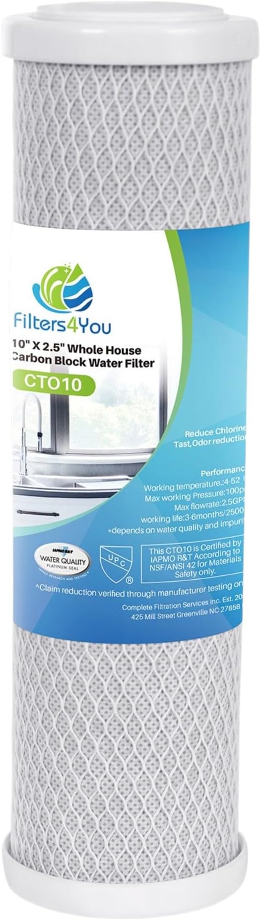 CFS 1 Pack Activated 10-Inch Carbon Home System Replacement Water Filter Cartridge Remove Bad Taste & Odor Whole House Replacement Water Filter Cartridge, 5 Micron, White