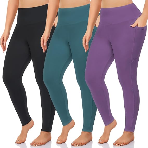NEW YOUNG 3 Pack Plus Size Leggings with Pockets for Women,High Waisted Workout Yoga Pants