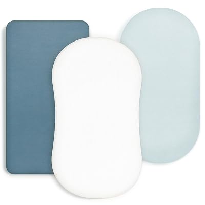 GRSSDER Stretchy Ultra Soft Fitted Bassinet Sheet 3 Pack, Universal Fit for Bassinets Baby Cradle Moses Basket Oval Rectangle Mattress Safe and Snug, Jersey Bassinet Sheets for Girls, WhiteBlue