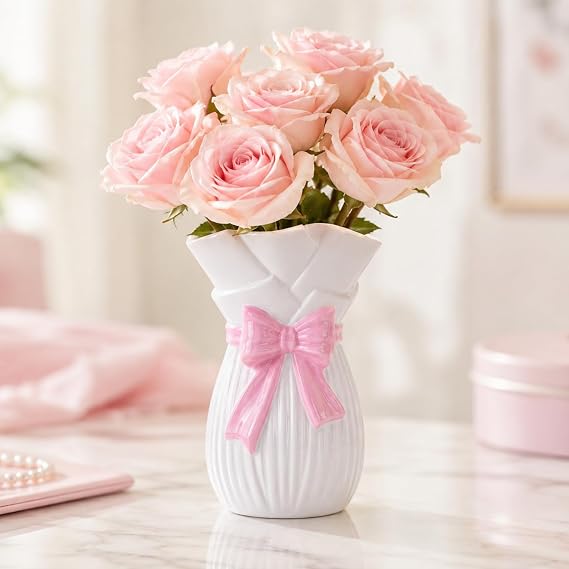 Pink Bow Vase,7.9 Inch White Ceramic Flower Holder with Pink Bow Design for Fresh Dried Faux Flowers,Coquette Girly Room Decor for Vanity Shelf Table Bedroom Dorm Living Room,Gift for Women Mom