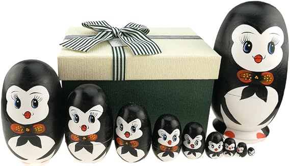 Apol Lovely Penguin with Bowtie Egg Shape Handmade Wooden Russian Nesting Dolls Matryoshka Doll Set 10 Pieces in a Box with Bow for Home Decoration Kids Toy Birthday Christmas Easter Gift