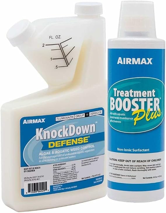 Airmax Knockdown Defense with Treatment Booster Plus, 2-in-1, 16 oz | Liquid Pond Algae Control, Effective Fast Acting Algaecide for Aquatic Weed Treatment in Clear Water Ponds & Lakes