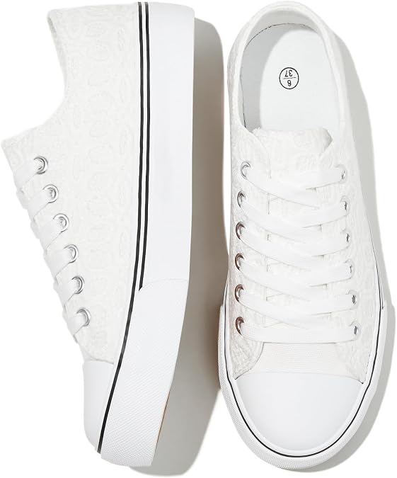 HYPOCRUTE Womens White Tennis Shoes Embroidered Flower Low Top Women Canvas Shoes Womens Fashion Sneakers