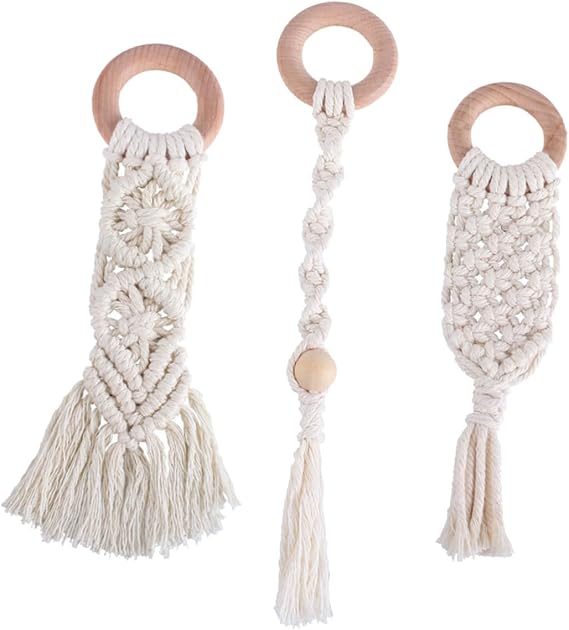 3 Pcs Cotton Rope Teether Molar Teeth Grinding Stick for Babies, Handwoven Beech Wood Baby Toy Set for Teething Relief and Oral Development