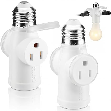 2-Pack E26 Light Socket Outlet Adapter, 2 Outlets & Bulb Socket | Keeps the E26 bulb socket available while adding 2 capped outlets for cameras, holiday lights, and other low-draw devices.