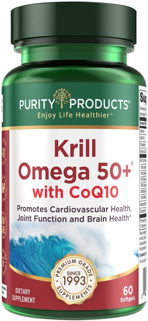 Krill Omega 50 Plus w CoQ10 from Purity Products - 1300mg Krill Oil and Fish Oil Blend - 100mg CoQ10-500mg Natural Astaxanthin - Support for Cardio, Joint and Brain Health - 60 Mini Soft Gels