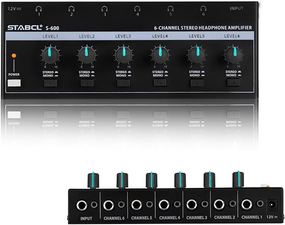 Headphone Amplifier 6 Channel, Stereo Headphone Amp with 3.5mm&6.35mm Input and Output, Metal Portable Studio Headphone Amp Splitter, Headphone Mixer with Mono and Stereo for Recording Studios