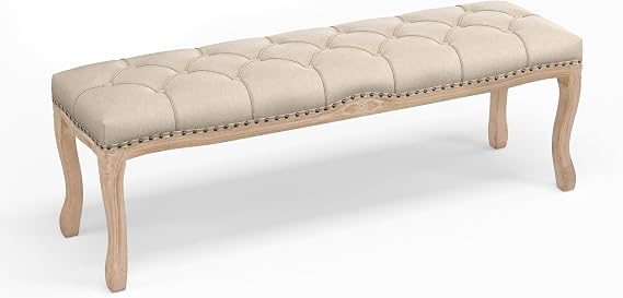 Bedroom Bench, French Vintage Tufted Entryway 52.5" Carving Upholstered End of Bed Bench with Distressed Wood Legs, Linen Ottoman Seat for Living Room King Size Bed, Linen Color