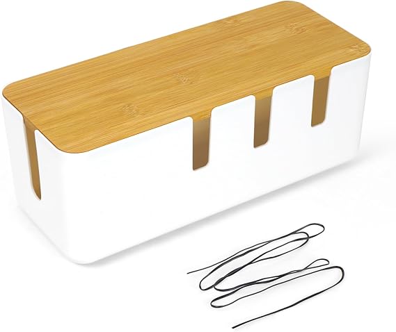 Cable Management Box, Cable Tidy Box with Bamboo Lid, 30x12x11CM