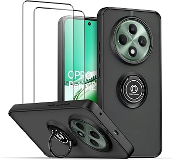 QUIETIP Case Compatible with Oppo Reno 12F with Screen Protector,TPU + Hard PC Magnetic Ring Car Mount Stand Cover,Black